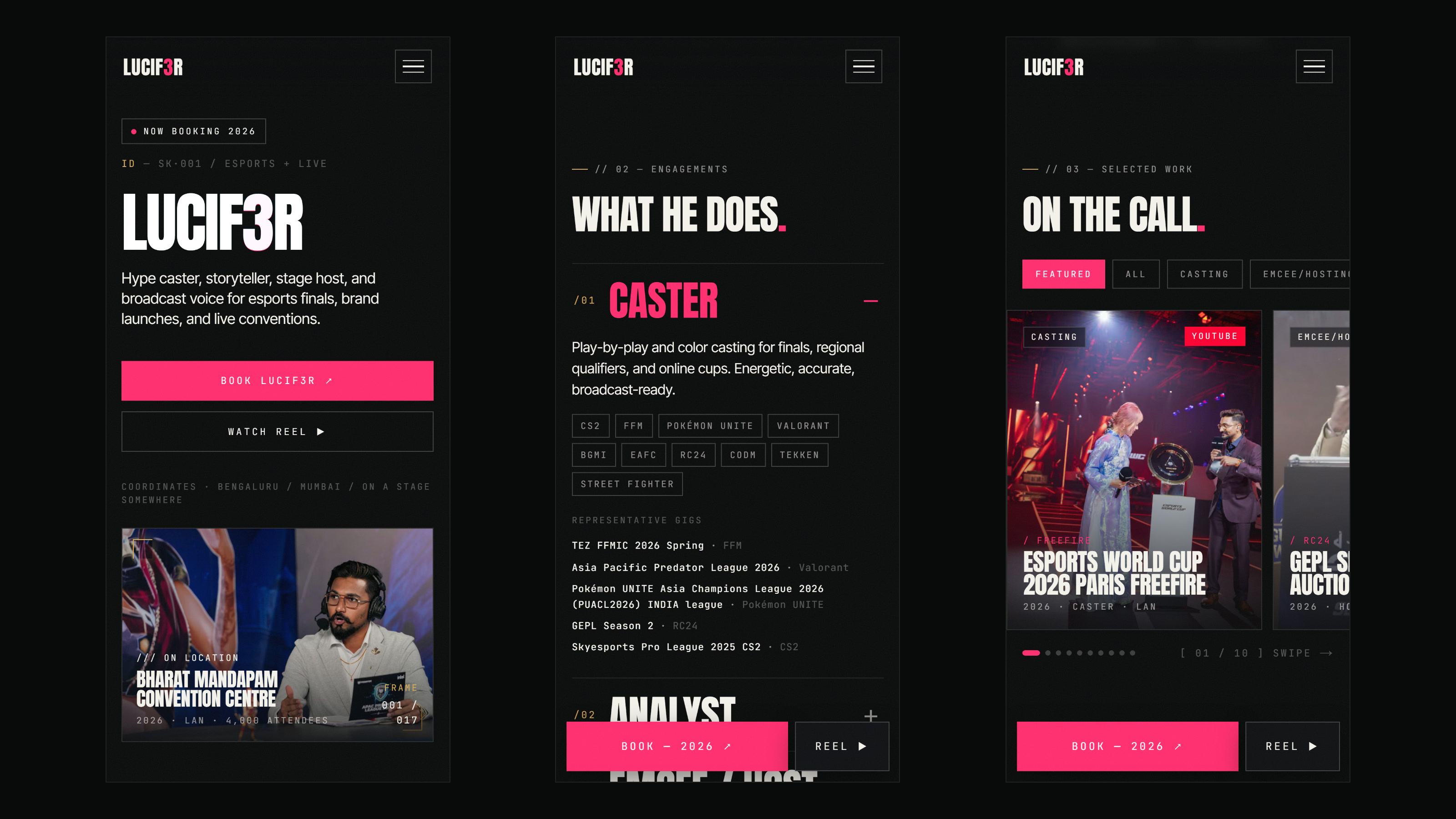 Three mobile screens: the hero, the services accordion and the swipeable event carousel